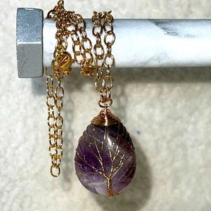 Amethyst Tree of Life Drop Pendant with 24” Chain